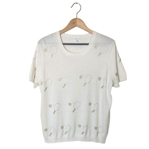Minnie Rose Cashmere Blend Pickleball Frayed Edge White Sweater Shirt Women Sz L - Picture 1 of 10